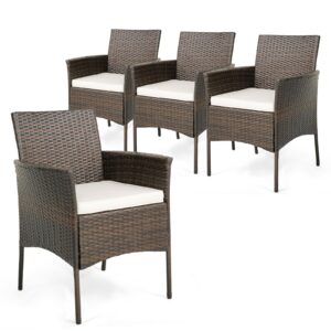 happygrill outdoor rattan chair set of 4, patio pe wicker dining chairs with soft seat cushions, sturdy metal frame, curved armrests, outside rattan armchairs for balcony porch poolside