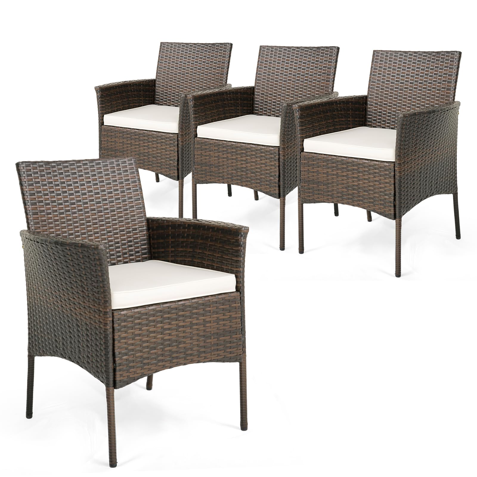 HAPPYGRILL Outdoor Rattan Chair Set of 4, Patio PE Wicker Dining Chairs with Soft Seat Cushions, Sturdy Metal Frame, Curved Armrests, Outside Rattan Armchairs for Balcony Porch Poolside