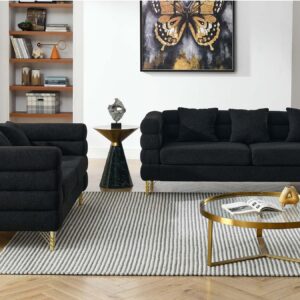 60-inch Couches for Living Room, Modern Teddy Fabric Upholstered Loveseat Sofa Couch with Square Arm and 4 Golden Metal Legs for Living Room, Office, Apartment, Black