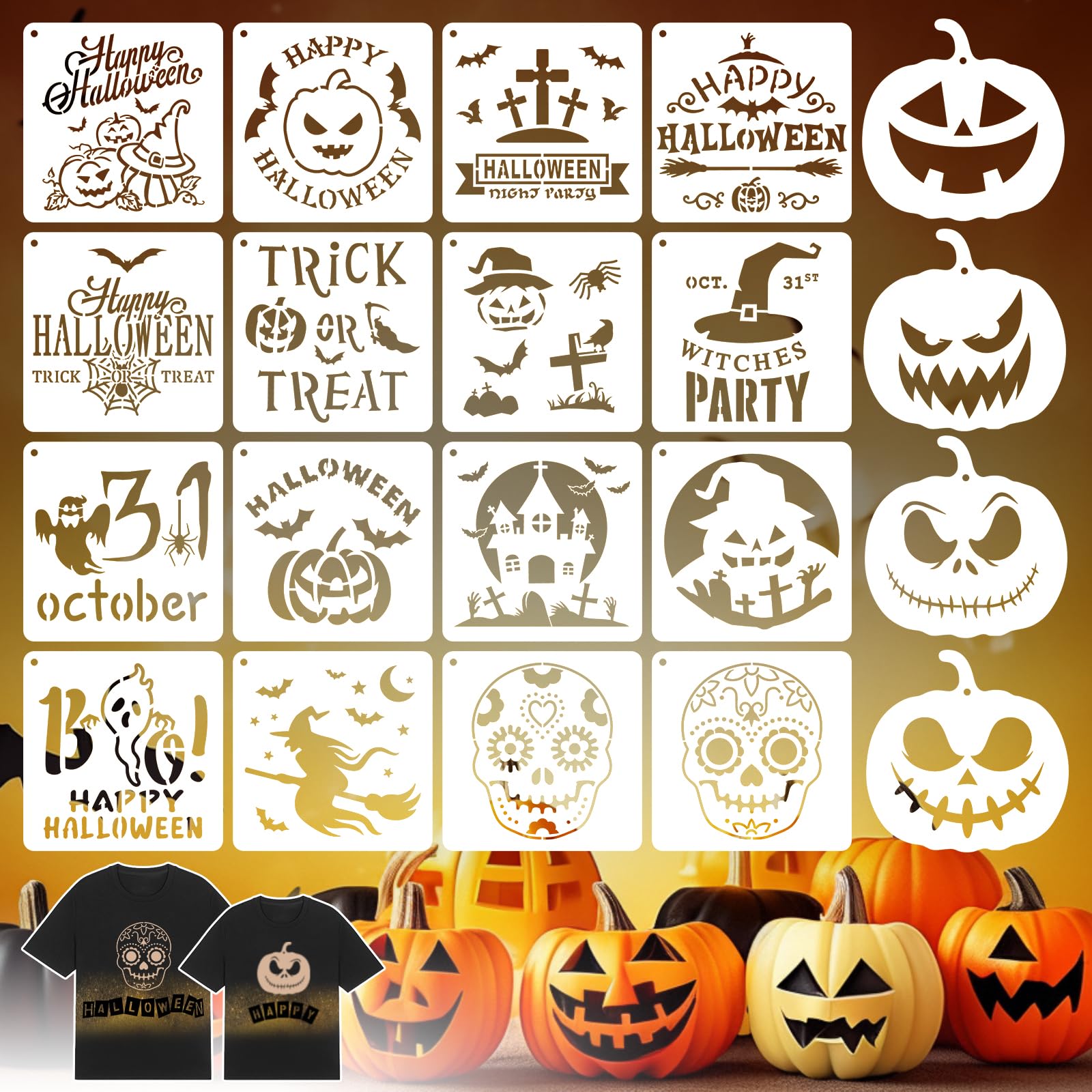 Halloween Pumpkin Face Stencils for Painting: 20pcs 6 inch Large Halloween Skull Stencils Reusable for Pumpkin Painting, Wood, Shirts, Crafts