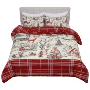 3 Piece Christmas Duvet Cover Queen Size, Soft Double Brushed Christmas Deer Queen Duvet Cover with Zipper Closure, Country Stripe Comforter Cover Set 1 Duvet Cover 90 x 90 inches & 2 Pillow Shams