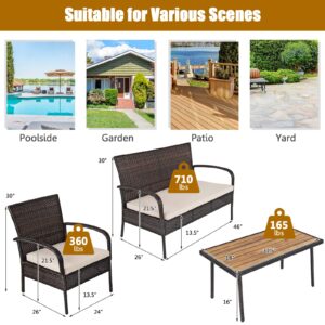 COSTWAY 4PCS Patio Rattan Furniture Set Outdoor Conversation Set Coffee Table w/Cushions