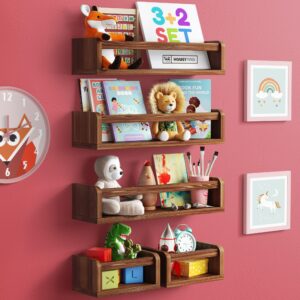 homey panda 3+2 floating nursery book shelves for wall: 3 long & 2 mini shelves, bookshelf for kids & baby bookshelf, nursery book shelf for kids rooms. nursery bookshelf (5-in1 walnut)