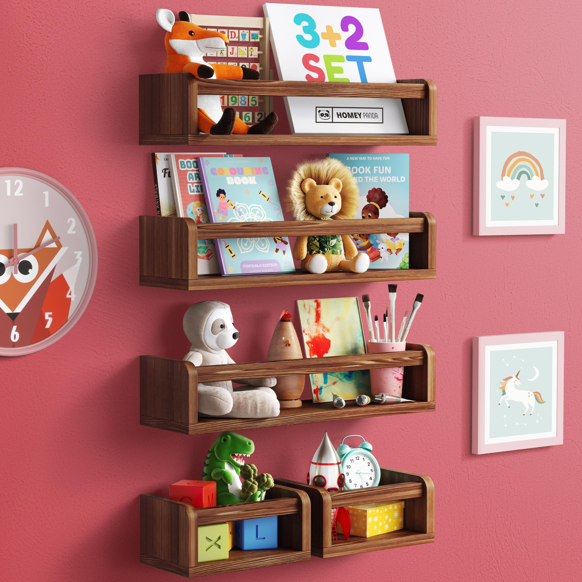 HOMEY PANDA 3+2 Floating Nursery Book Shelves for Wall: 3 Long & 2 Mini Shelves, Bookshelf for Kids & Baby Bookshelf, Nursery Book Shelf for Kids Rooms. Nursery Bookshelf (5-IN1 Walnut)