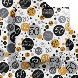 wrapaholic birthday wrapping paper sheet - 6 sheets black 50th birthday design folded flat for birthday, party, baby showers - 19.7 inch x 27.5 inch per sheet