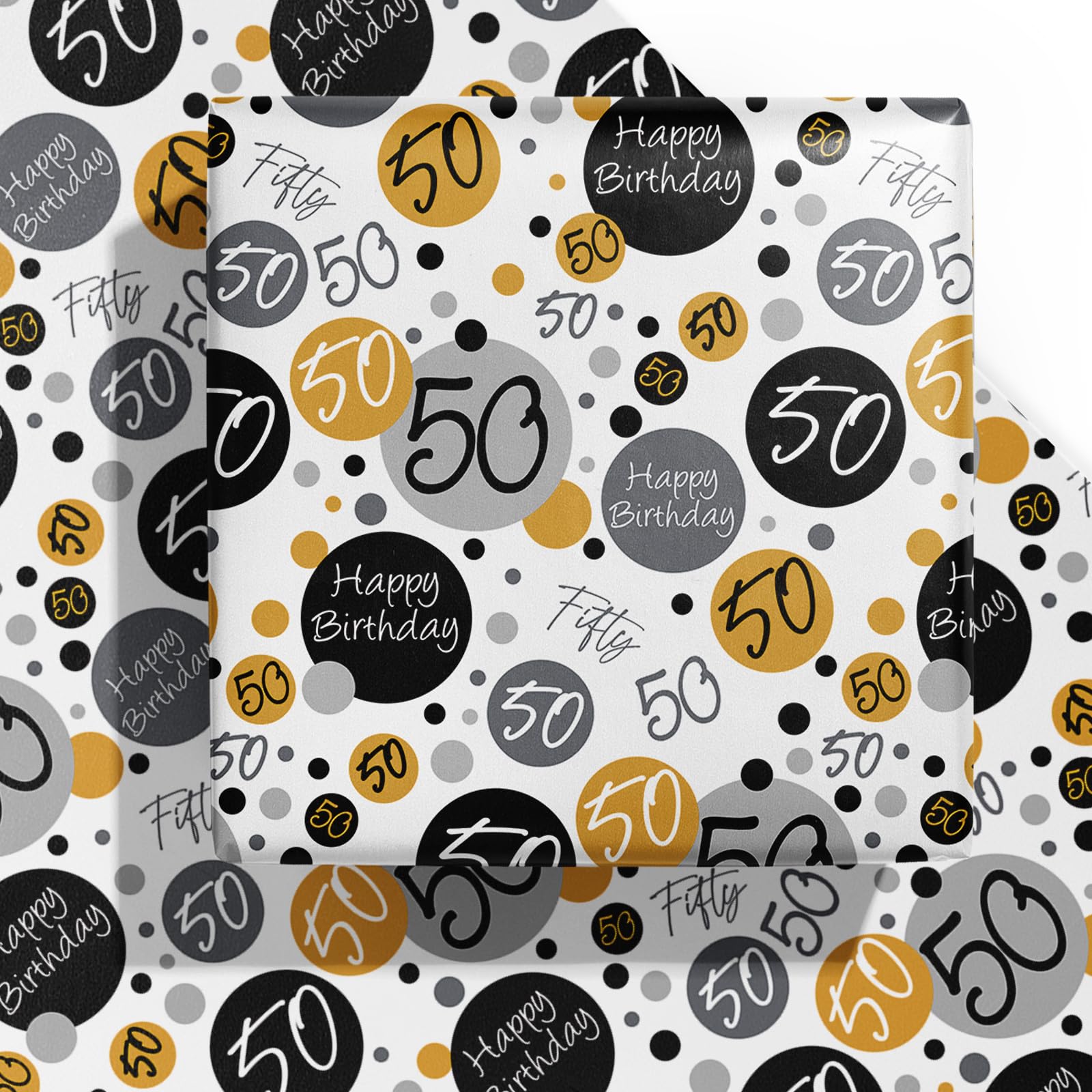 WRAPAHOLIC Birthday Wrapping Paper Sheet - 6 Sheets Black 50th Birthday Design Folded Flat for Birthday, Party, Baby Showers - 19.7 Inch X 27.5 Inch Per Sheet