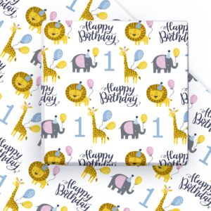 wrapaholic 1st birthday wrapping paper sheet - 6 sheets cute animal design folded flat for birthday, party, baby showers - 19.7 inch x 27.5 inch per sheet