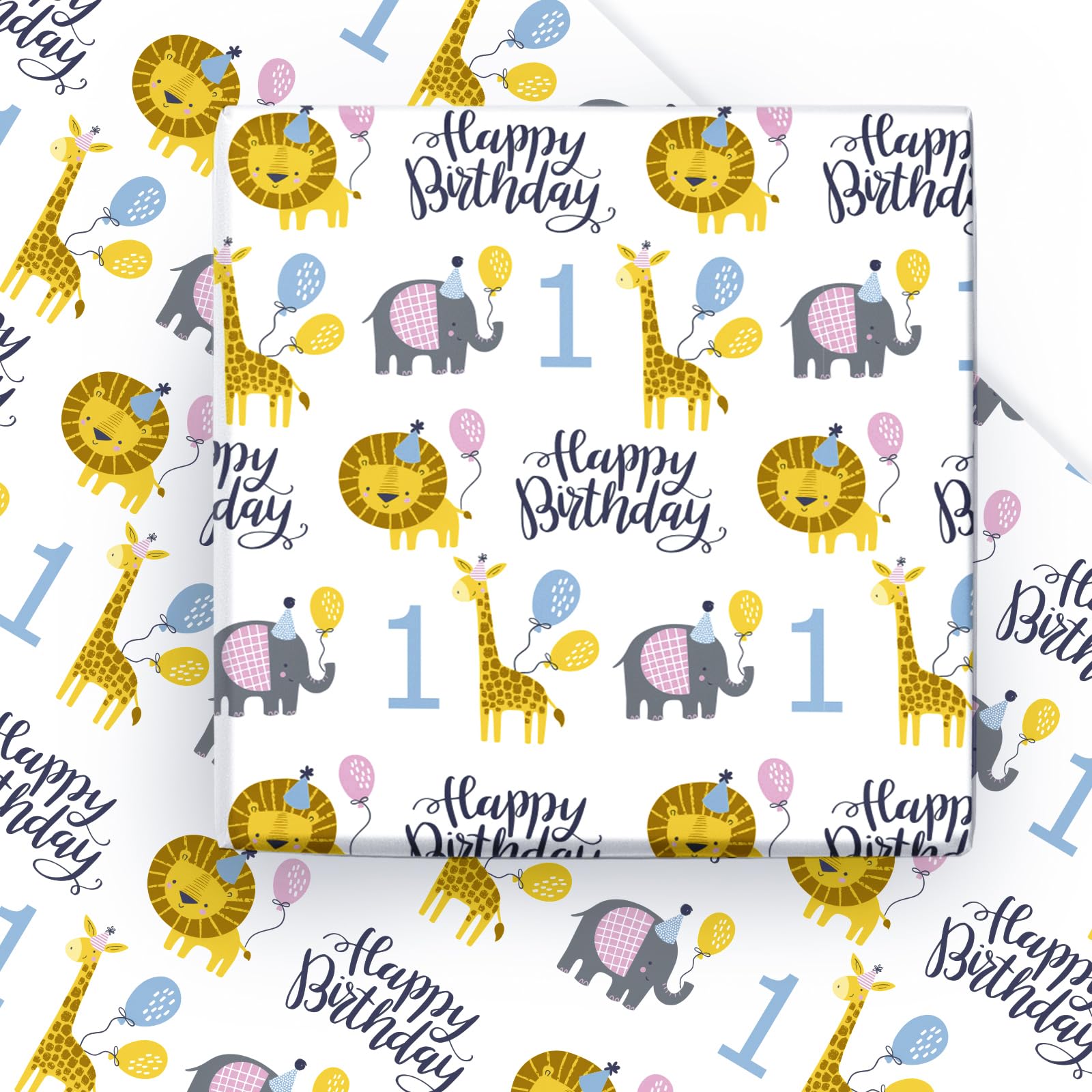 WRAPAHOLIC 1st Birthday Wrapping Paper Sheet - 6 Sheets Cute Animal Design Folded Flat for Birthday, Party, Baby Showers - 19.7 Inch X 27.5 Inch Per Sheet