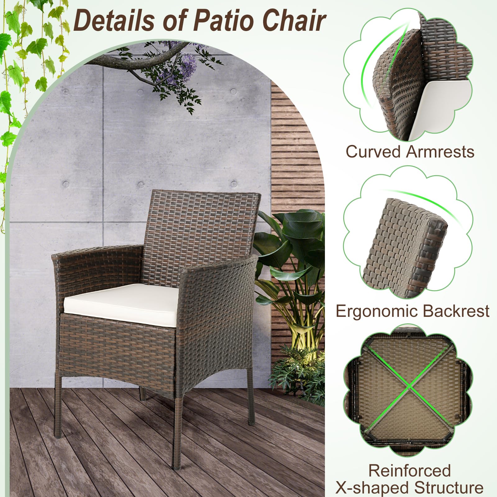 HAPPYGRILL Outdoor Rattan Chair Set of 4, Patio PE Wicker Dining Chairs with Soft Seat Cushions, Sturdy Metal Frame, Curved Armrests, Outside Rattan Armchairs for Balcony Porch Poolside