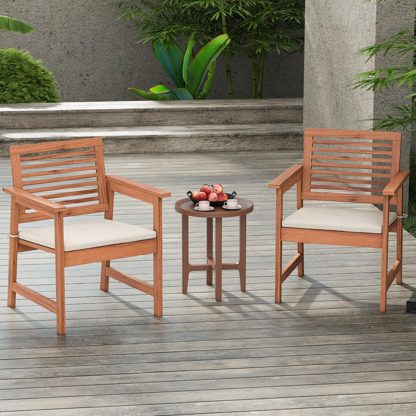 HAPPYGRILL Outdoor Dining Chair Set of 2, Patio Solid Wood Chairs with Comfortable Cushions, Breathable Slatted Seat, Outside Wood Armchairs for Balcony Porch Poolside