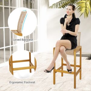 HAPPYGRILL Wicker Bar Stools Set of 2, Patio Chairs with Solid Wood Frame, Ergonomic Footrest, Indoor Outdoor Bar Height Chairs for Backyard Poolside Garden