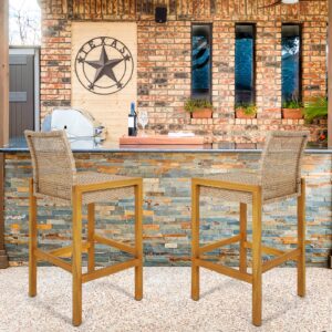 HAPPYGRILL Wicker Bar Stools Set of 2, Patio Chairs with Solid Wood Frame, Ergonomic Footrest, Indoor Outdoor Bar Height Chairs for Backyard Poolside Garden