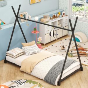 Twin Size House Beds, Metal Floor Bed Frame, Triangle Structure, Kids Teepee Bed for Boys Girls Teens, Black