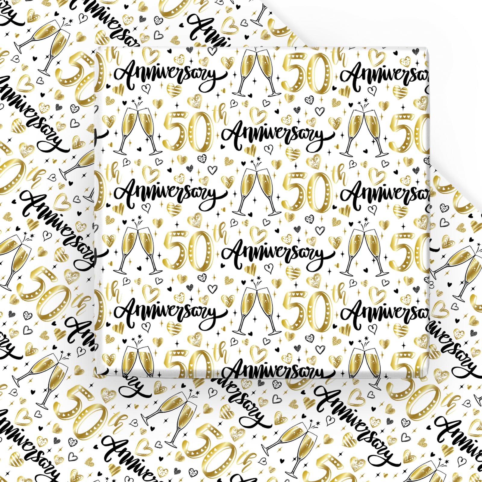 WRAPAHOLIC Wrapping Paper Sheet - 6 Sheets Gold 50th Anniversary Design Folded Flat for Birthday, Party, Baby Showers - 19.7 Inch X 27.5 Inch Per Sheet