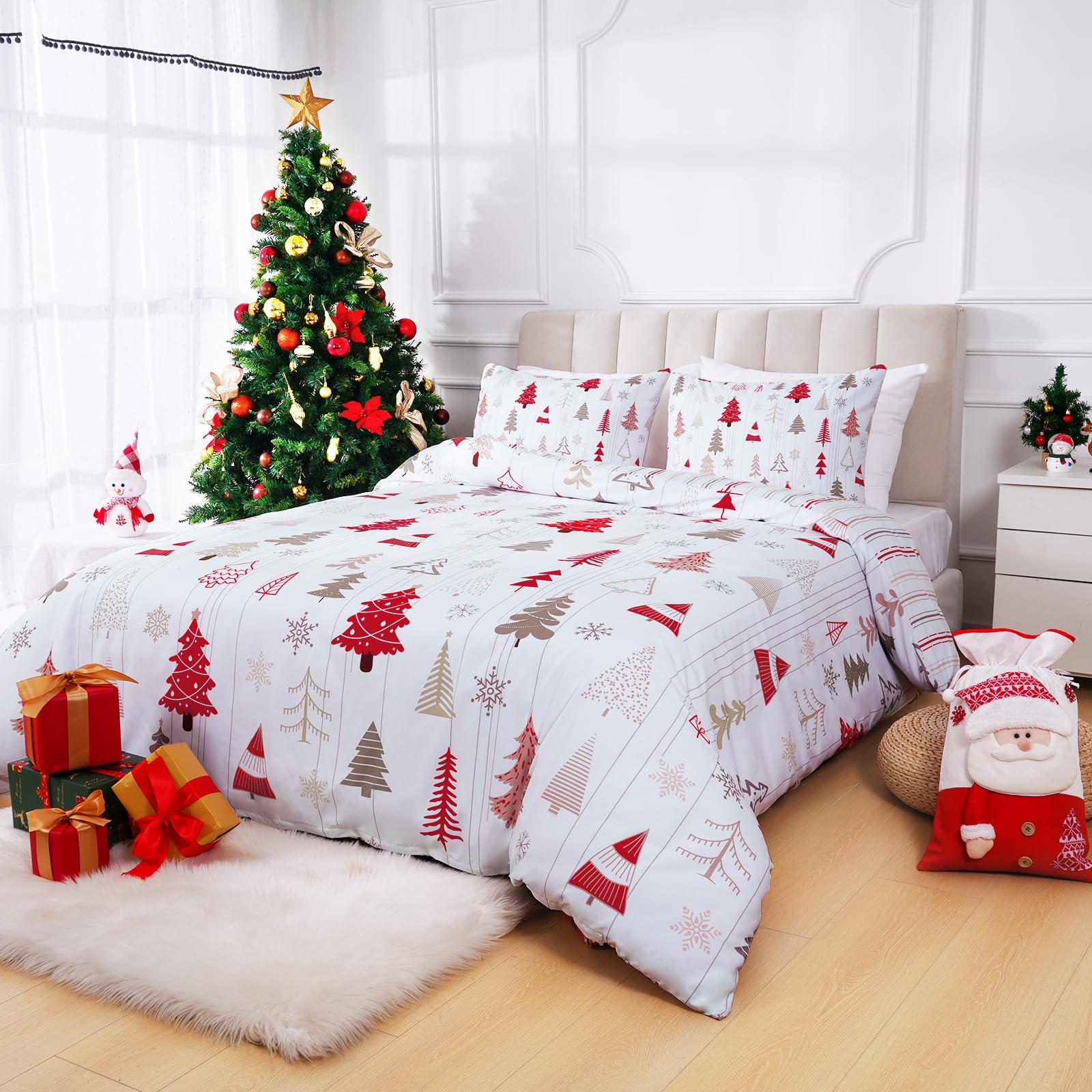 ASPMIZ 3 Piece Christmas Duvet Cover Queen Set - Soft Double Brushed Retro Christmas Tree Duvet Cover with Zipper Closure, Stripe Comforter Cover Set, 1 Duvet Cover 90 x 90 inches and 2 Pillow Shams