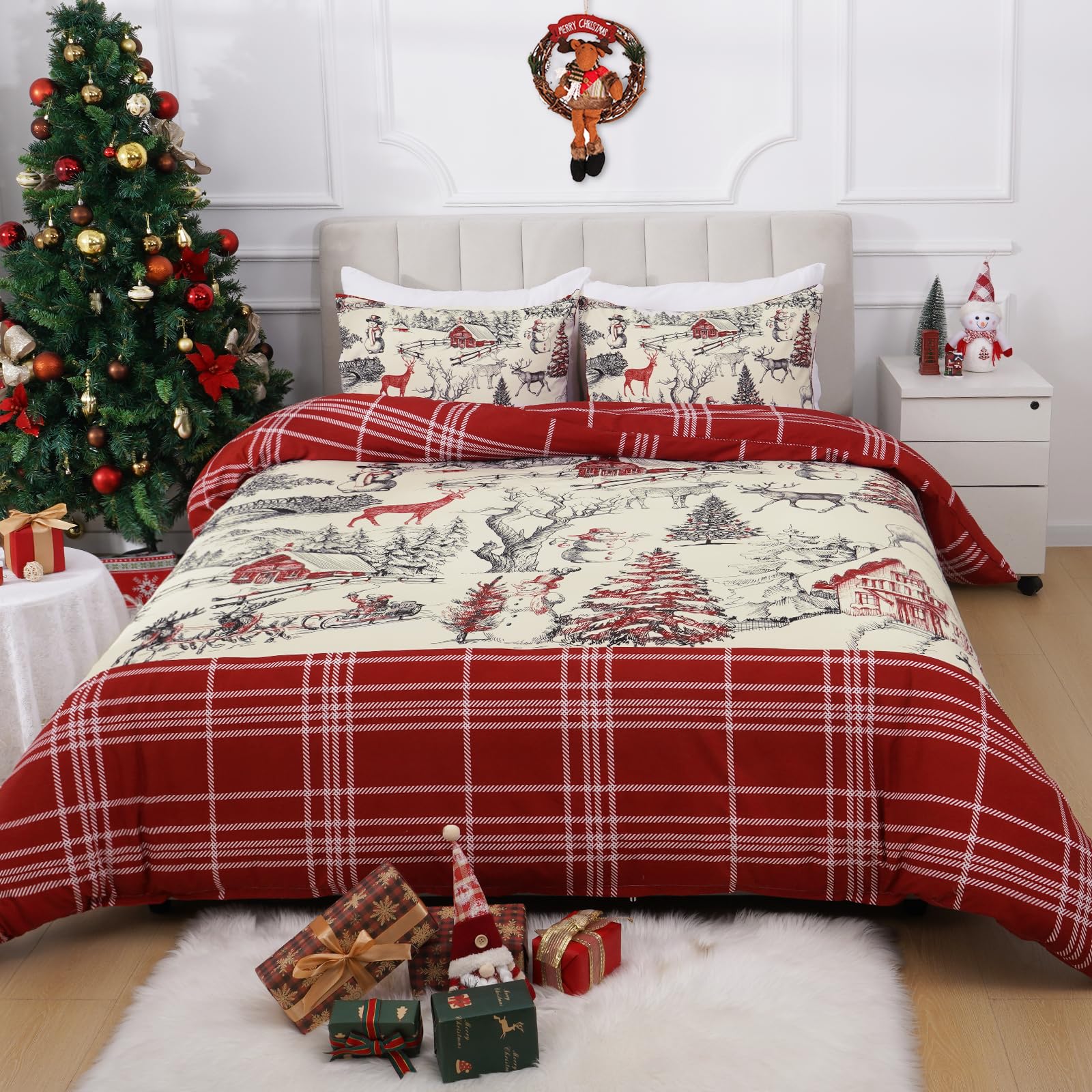 3 Piece Christmas Duvet Cover Queen Size, Soft Double Brushed Christmas Deer Queen Duvet Cover with Zipper Closure, Country Stripe Comforter Cover Set 1 Duvet Cover 90 x 90 inches & 2 Pillow Shams