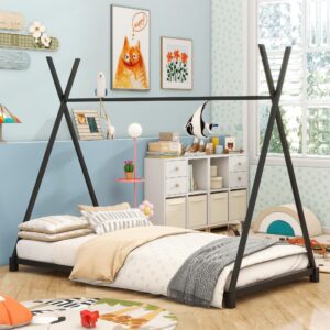 twin size house beds, metal floor bed frame, triangle structure, kids teepee bed for boys girls teens, black