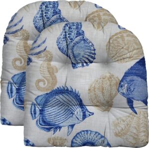 rsh decor: tufted u-shape wicker seat cushions set of 2 | 19” x 19” | all-weather spun fabric | water-resistant | outdoor chair cushions for patio furniture | blue tan crab