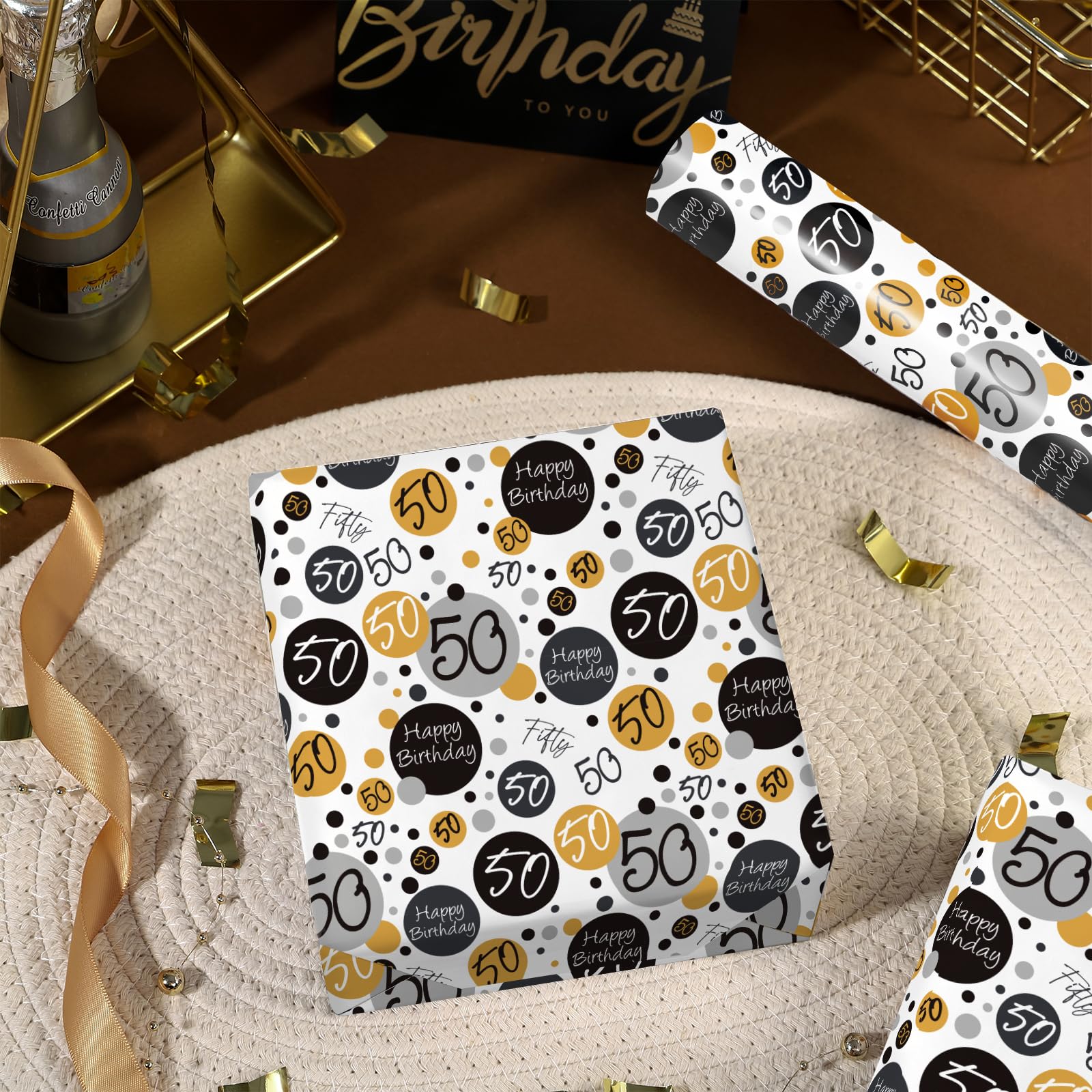 WRAPAHOLIC Birthday Wrapping Paper Sheet - 6 Sheets Black 50th Birthday Design Folded Flat for Birthday, Party, Baby Showers - 19.7 Inch X 27.5 Inch Per Sheet