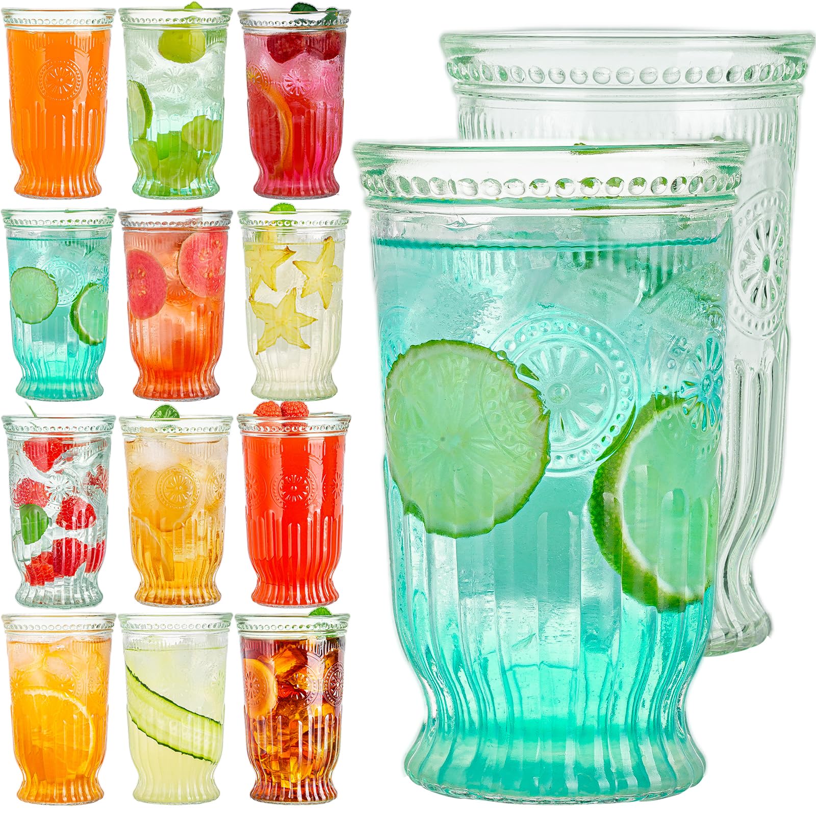 wookgreat Vintage Drinking Glasses, 12 pcs Embossed Designed Highball Glasses, 16oz Glass Cups, Tall Water Glass Tumbler, Mojito Cup, Cocktail Glass, Vintage Glassware Set for Juice, Cocktail, Whiskey