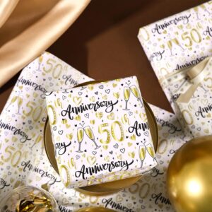 WRAPAHOLIC Wrapping Paper Sheet - 6 Sheets Gold 50th Anniversary Design Folded Flat for Birthday, Party, Baby Showers - 19.7 Inch X 27.5 Inch Per Sheet