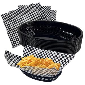 Rainmae Plastic Food Baskets with Parchment Paper Liners, 12 Fast Food Baskets with 120 Deli Paper Sheets, Bread Basket, Candy Fruits basket, Plastic Baskets, Restaurant Baskets for Food - Retro Style