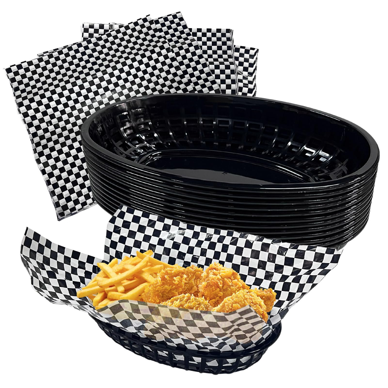 Rainmae Plastic Food Baskets with Parchment Paper Liners, 12 Fast Food Baskets with 120 Deli Paper Sheets, Bread Basket, Candy Fruits basket, Plastic Baskets, Restaurant Baskets for Food - Retro Style