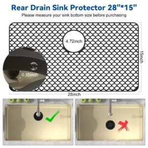 TOOVEM Silicone Sink Protectors for Kitchen Sink, 28'x 15 inches Kitchen Sink Mats for Bottom of Farmhouse Stainless Steel Porcelain Sink with Rear Drain, Black