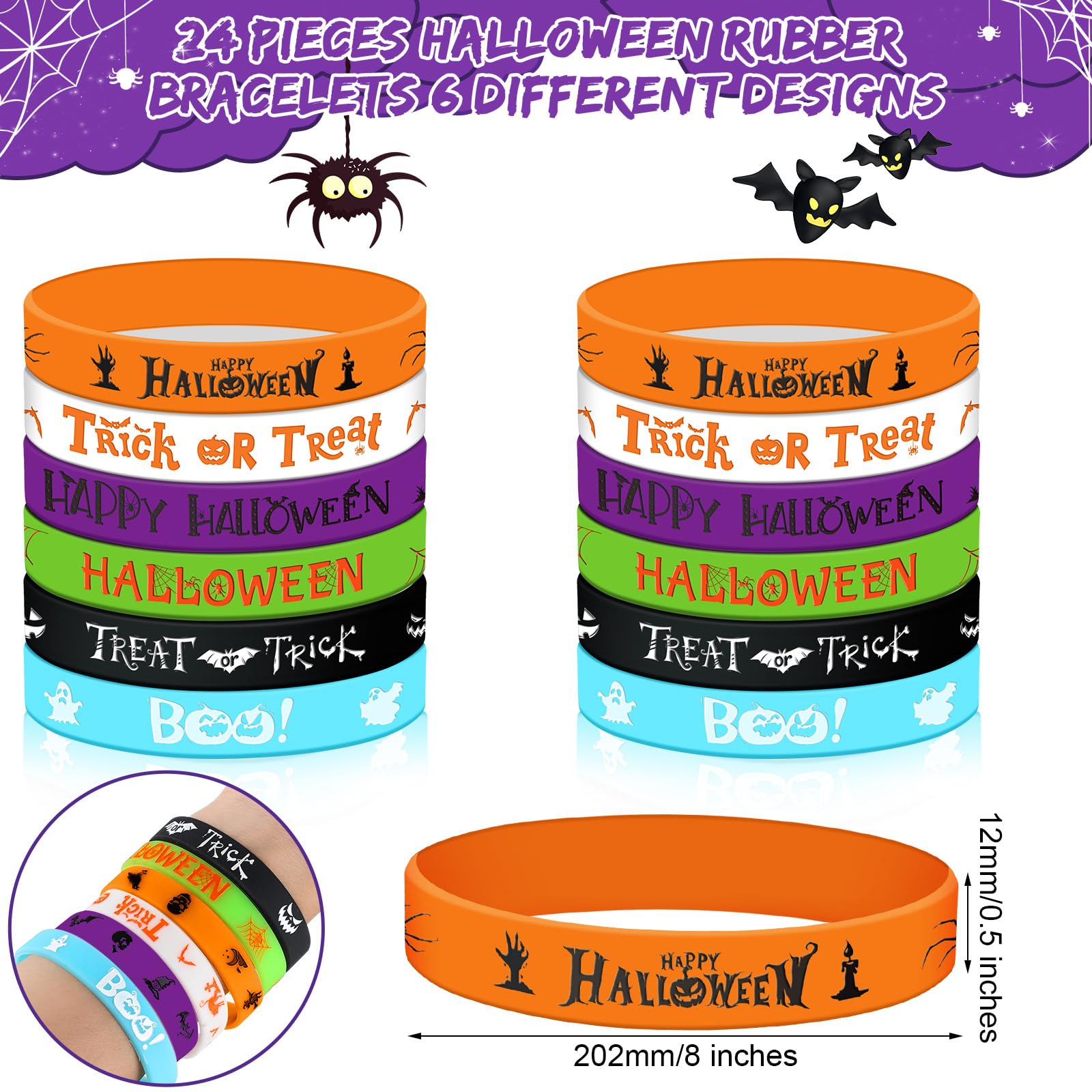 Seajan 48 Pcs Halloween Bracelets Set Party Favors 24 Luminous Silicone Bracelet Wristbands and 24 Halloween Slap Bracelets for Glow in the Dark Gifts Halloween Goodie Bag Stuffers Supplies