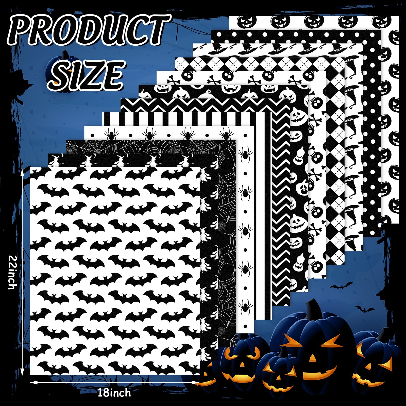 Whaline 12Pcs Halloween Cotton Fabric Bundles 18 x 22 Inch Spider Pumpkin Bat Witch Plaid Stripe Dot Fat Quarters White Black Quilting Patchwork Squares Sewing Fabrics for DIY Craft Party Decor