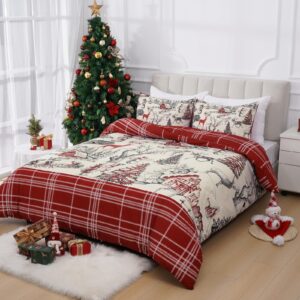 3 piece christmas duvet cover queen size, soft double brushed christmas deer queen duvet cover with zipper closure, country stripe comforter cover set 1 duvet cover 90 x 90 inches & 2 pillow shams