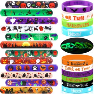 seajan 48 pcs halloween bracelets set party favors 24 luminous silicone bracelet wristbands and 24 halloween slap bracelets for glow in the dark gifts halloween goodie bag stuffers supplies