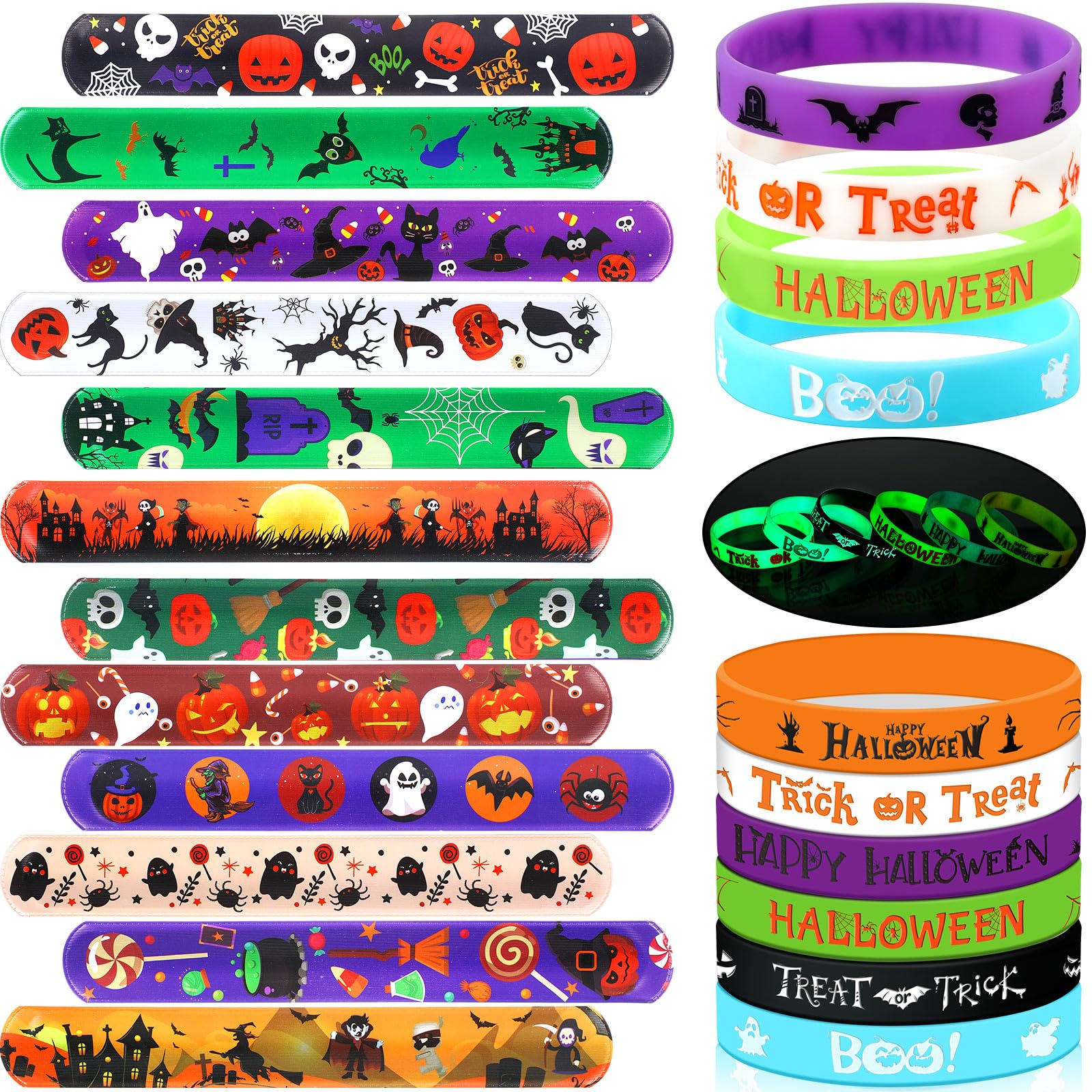 Seajan 48 Pcs Halloween Bracelets Set Party Favors 24 Luminous Silicone Bracelet Wristbands and 24 Halloween Slap Bracelets for Glow in the Dark Gifts Halloween Goodie Bag Stuffers Supplies