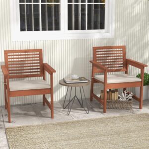 HAPPYGRILL Outdoor Dining Chair Set of 2, Patio Solid Wood Chairs with Comfortable Cushions, Breathable Slatted Seat, Outside Wood Armchairs for Balcony Porch Poolside