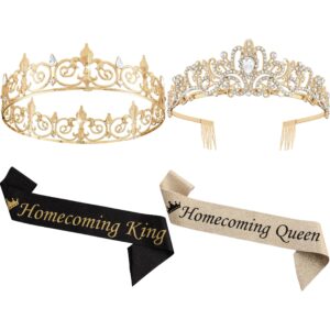 saintrygo 4 pcs homecoming king and homecoming queen crown set with sashes prom party supplies for school(elegant style,gold)