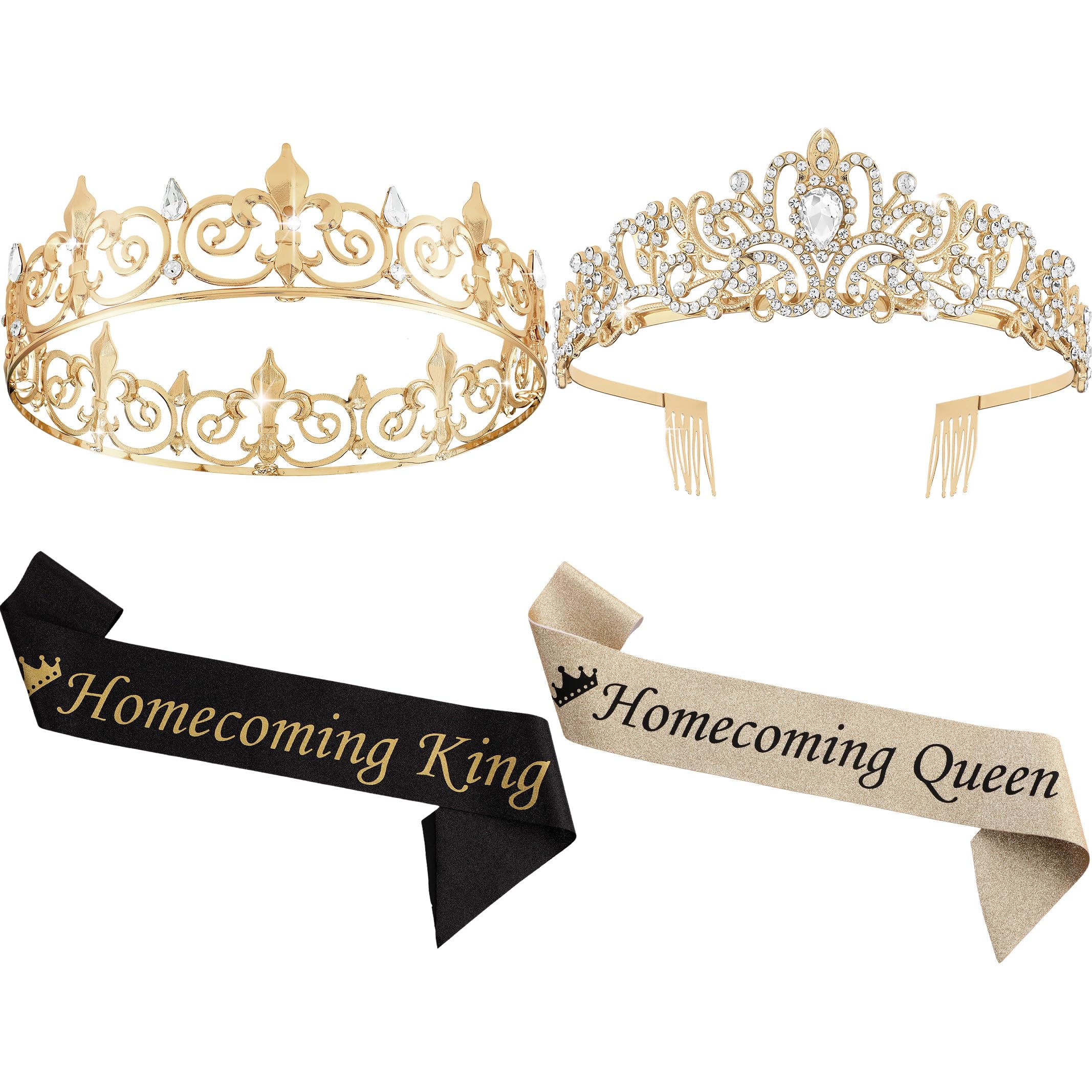 Saintrygo 4 Pcs Homecoming King and Homecoming Queen Crown Set with Sashes Prom Party Supplies for School(Elegant Style,Gold)