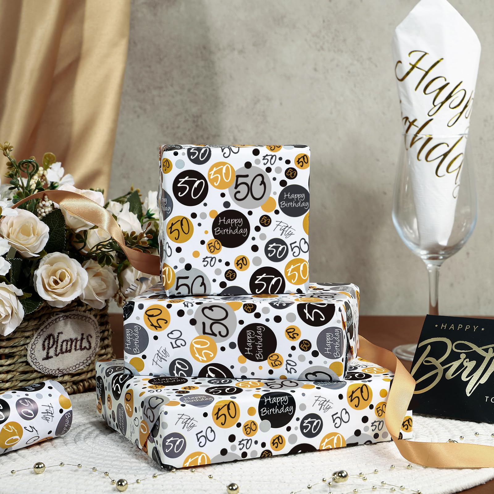 WRAPAHOLIC Birthday Wrapping Paper Sheet - 6 Sheets Black 50th Birthday Design Folded Flat for Birthday, Party, Baby Showers - 19.7 Inch X 27.5 Inch Per Sheet