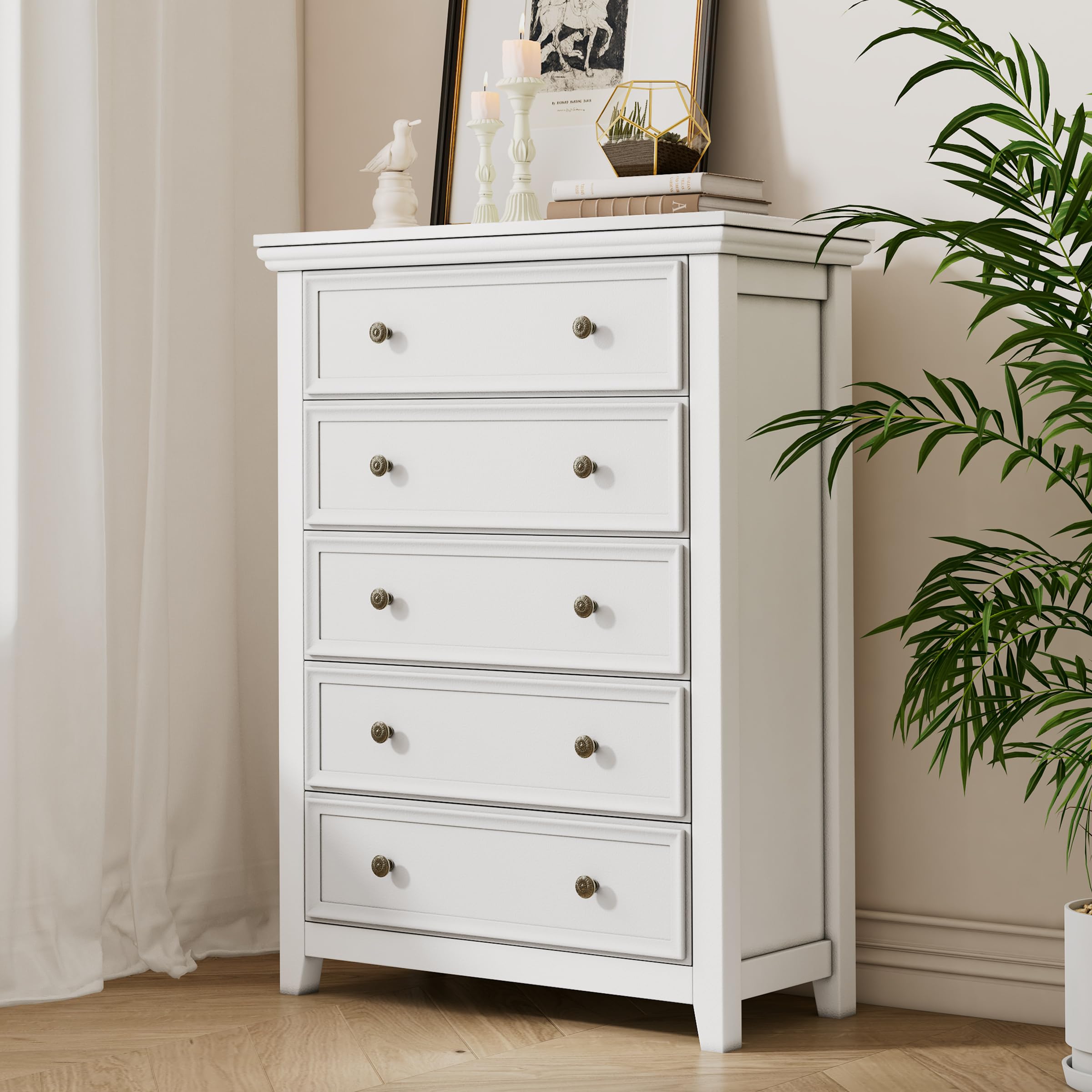 BOSHIRO White Dresser, 5 Chest of Drawer Dresser for Bedroom, Modern Tall Nightstand with Deep Drawers, Wood Organizer Drawer Cabinet for Bedroom, Living Room,Hallway