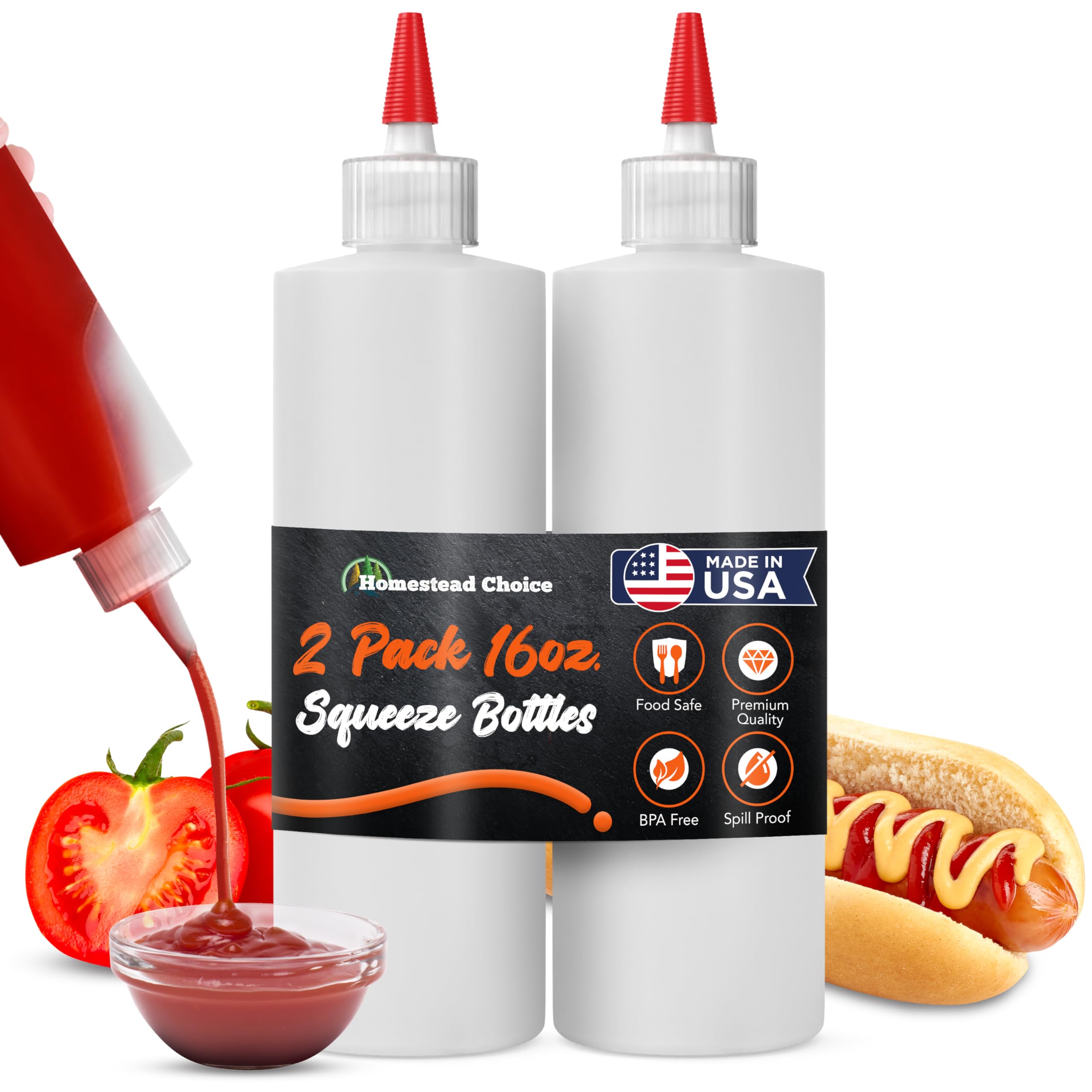 2-pack Plastic Squeeze Bottles for Sauces - 16 OZ Condiment Squeeze Bottles for Liquids - Made in USA - BPA Free Squirt Bottles with Cap - Ketchup, Syrup, Oil, Dressings, Honey & Arts and Crafts