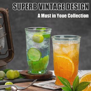 wookgreat Vintage Drinking Glasses, 12 pcs Embossed Designed Highball Glasses, 16oz Glass Cups, Tall Water Glass Tumbler, Mojito Cup, Cocktail Glass, Vintage Glassware Set for Juice, Cocktail, Whiskey