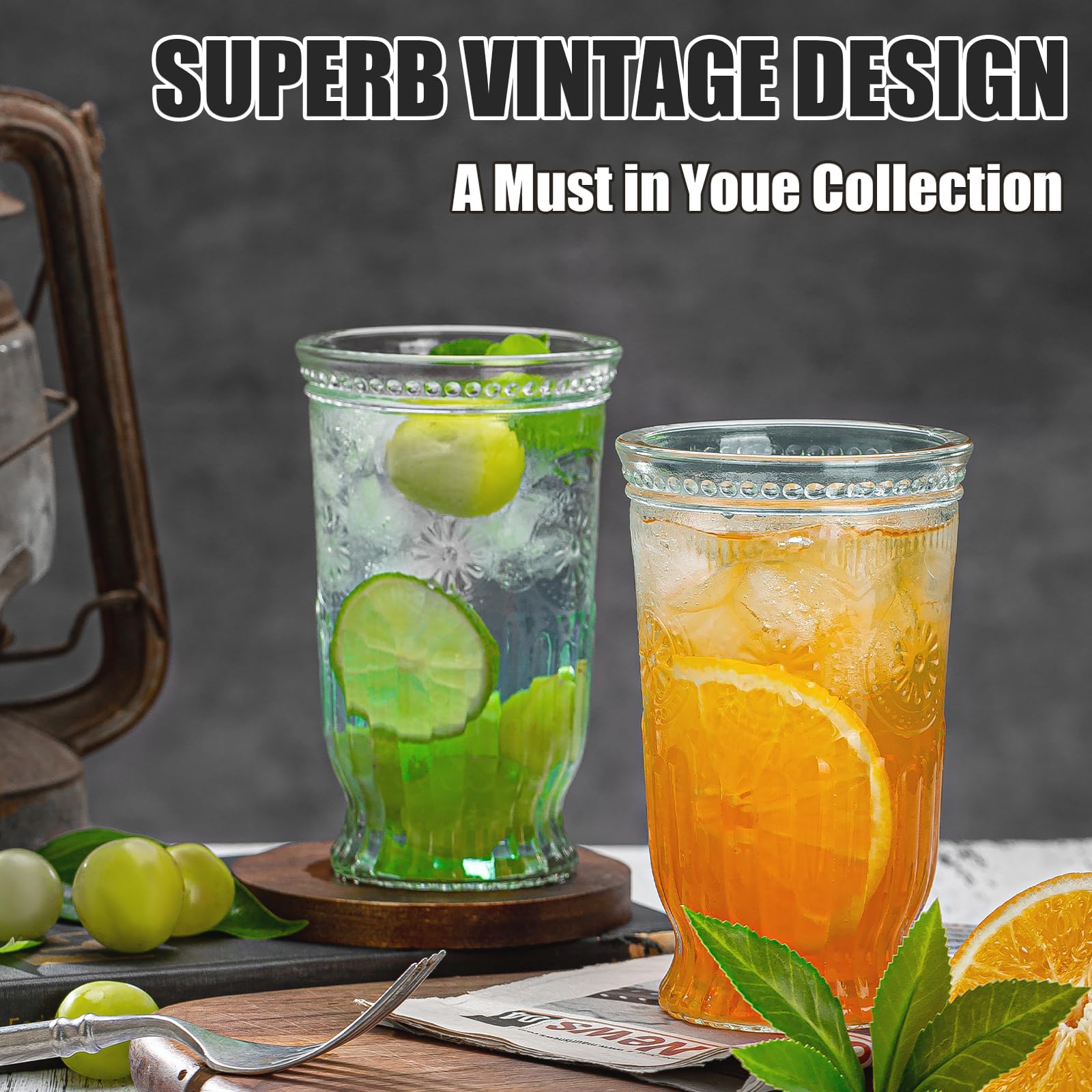 wookgreat Vintage Drinking Glasses, 12 pcs Embossed Designed Highball Glasses, 16oz Glass Cups, Tall Water Glass Tumbler, Mojito Cup, Cocktail Glass, Vintage Glassware Set for Juice, Cocktail, Whiskey