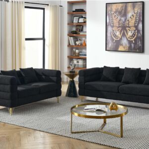 81-inch Couches + 60-inch Loveseat Sofa for Living Room, Set of 2 Modern Teddy Fabric Upholstered Sofa Couch with Square Arm and 4 Golden Metal Legs for Living Room, Office, Apartment, Black