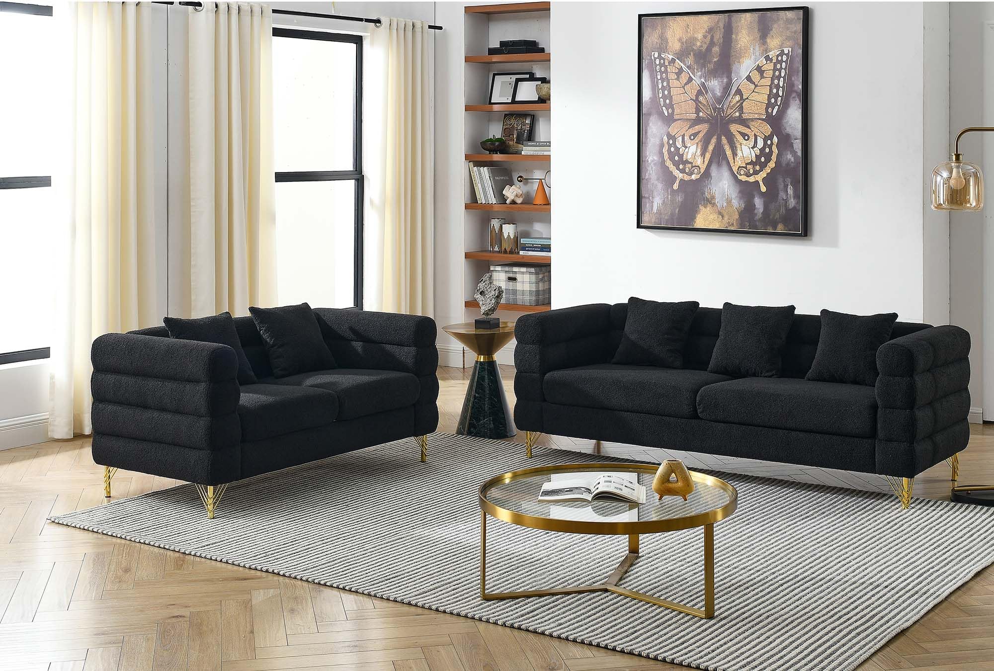 81-inch Couches + 60-inch Loveseat Sofa for Living Room, Set of 2 Modern Teddy Fabric Upholstered Sofa Couch with Square Arm and 4 Golden Metal Legs for Living Room, Office, Apartment, Black