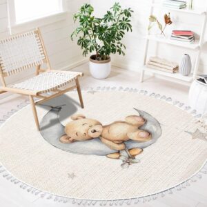 round boho area rug watercolor brown bear boy sleeping moon airplane carpet with tassels meditation rug washable hallway floor mat runner rugs for bedroom bathroom playroom nursery decor 4 ft