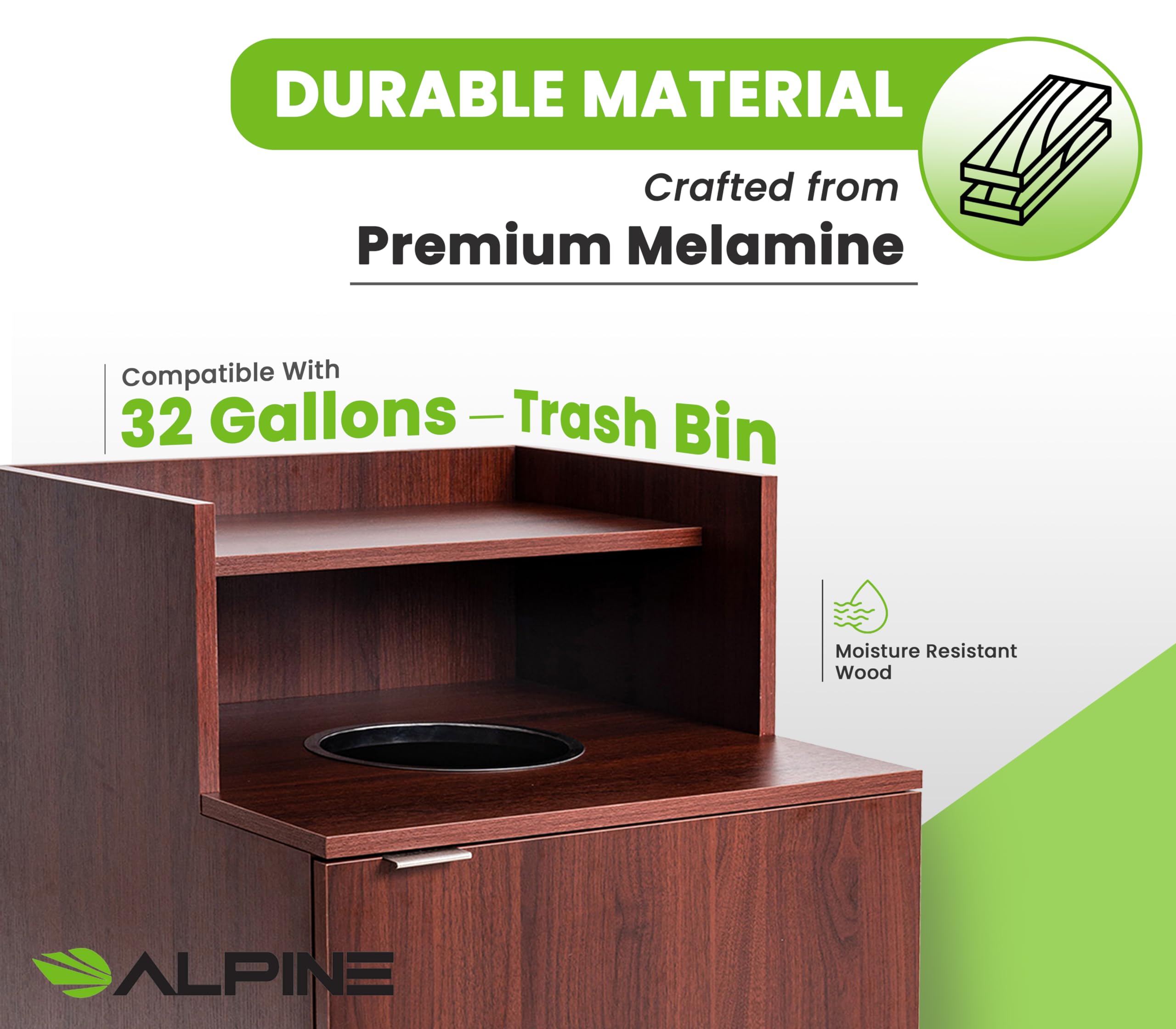 Alpine Restaurant Trash Bin Cabinet - Commercial Trash Can Garbage Receptacle Indoor with Tray Holder for 32 Gallon Garbage Bin (Mahogany)