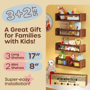 HOMEY PANDA 3+2 Floating Nursery Book Shelves for Wall: 3 Long & 2 Mini Shelves, Bookshelf for Kids & Baby Bookshelf, Nursery Book Shelf for Kids Rooms. Nursery Bookshelf (5-IN1 Walnut)