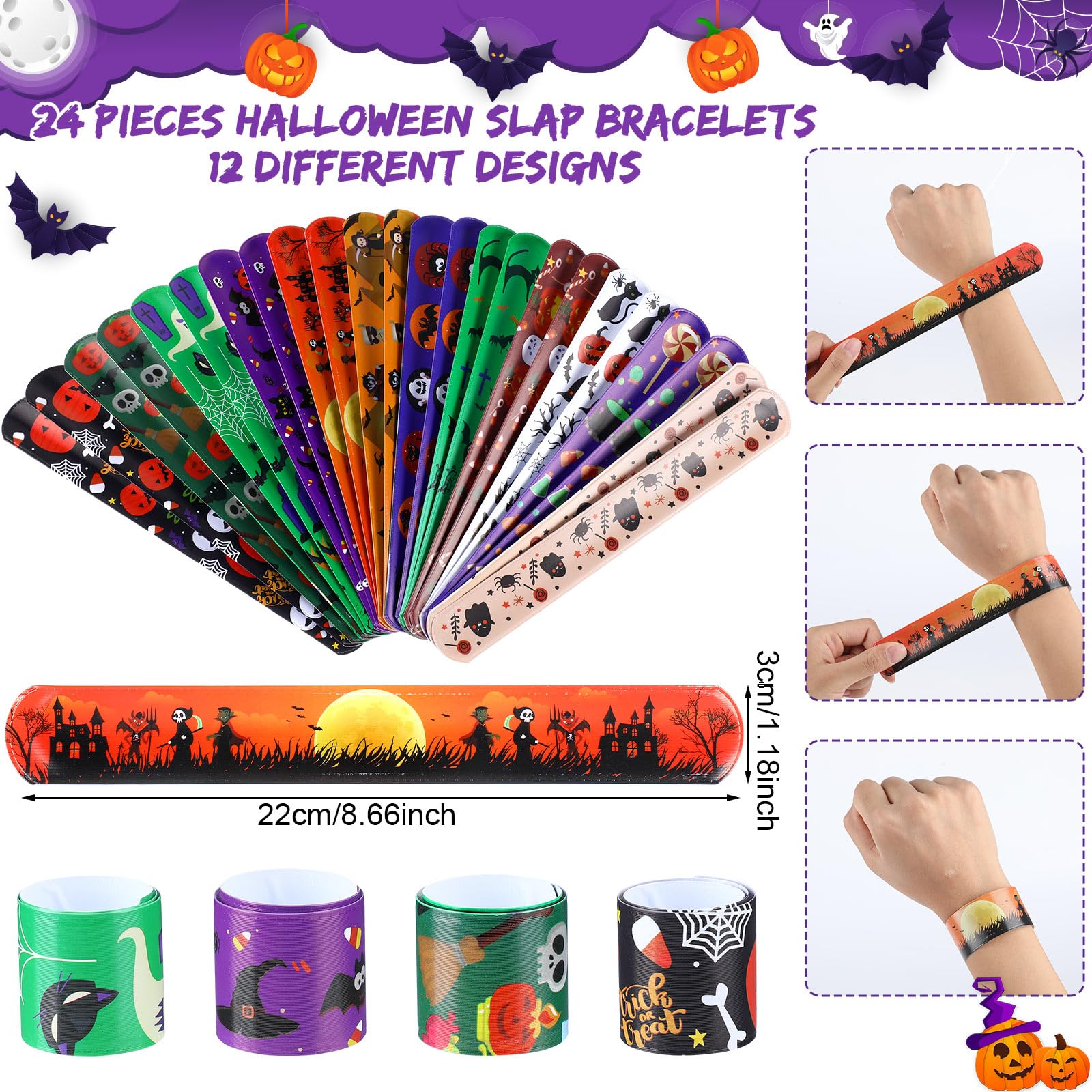 Seajan 48 Pcs Halloween Bracelets Set Party Favors 24 Luminous Silicone Bracelet Wristbands and 24 Halloween Slap Bracelets for Glow in the Dark Gifts Halloween Goodie Bag Stuffers Supplies