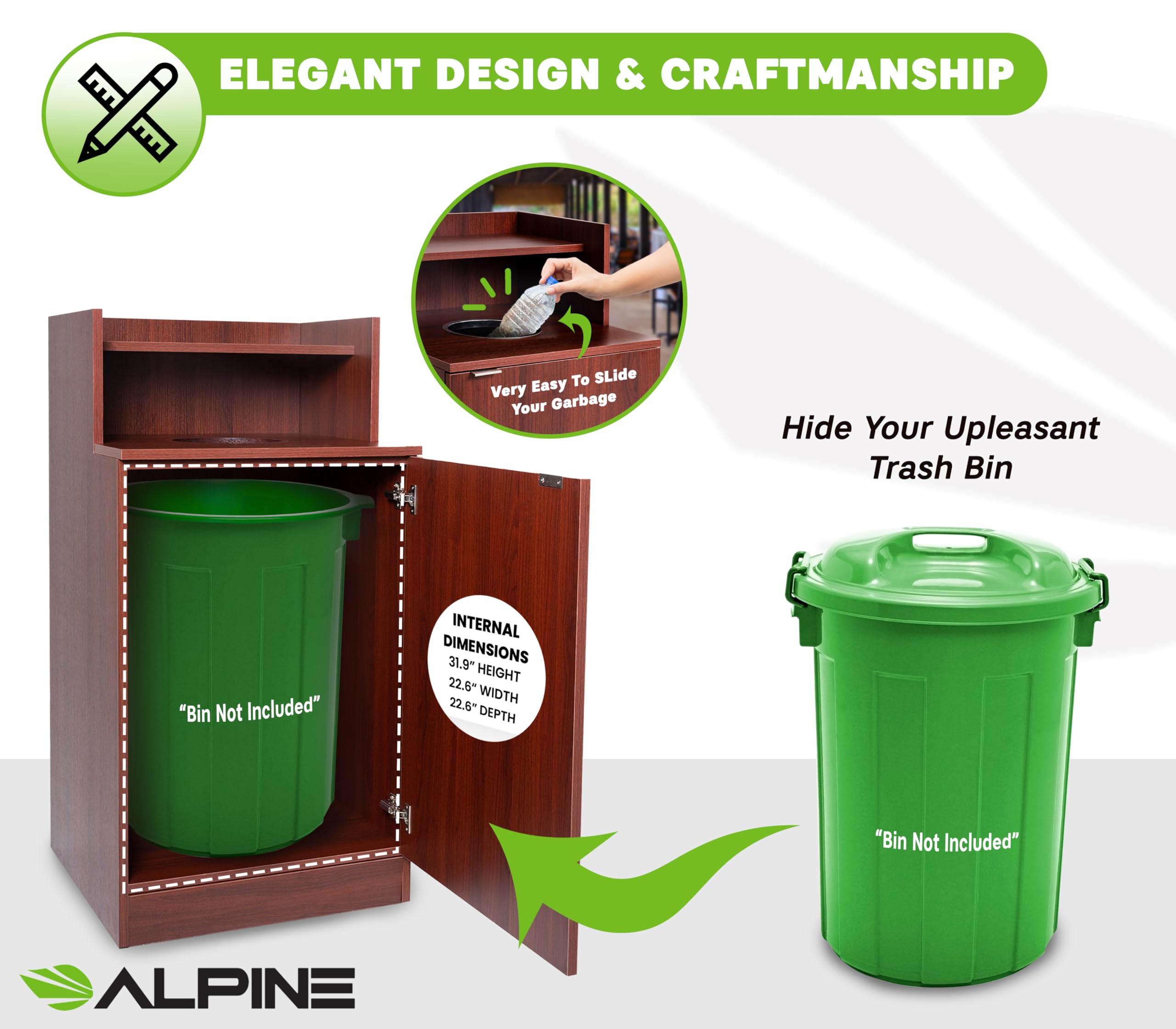 Alpine Restaurant Trash Bin Cabinet - Commercial Trash Can Garbage Receptacle Indoor with Tray Holder for 32 Gallon Garbage Bin (Mahogany)