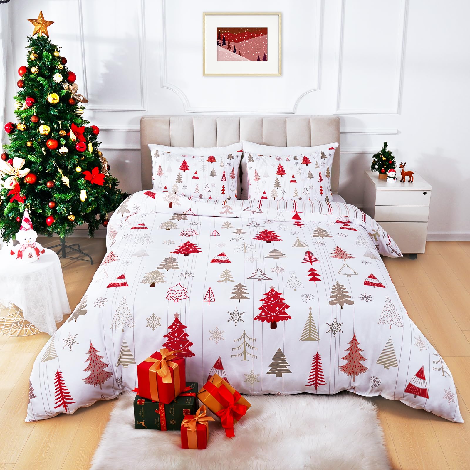 ASPMIZ 3 Piece Christmas Duvet Cover Queen Set - Soft Double Brushed Retro Christmas Tree Duvet Cover with Zipper Closure, Stripe Comforter Cover Set, 1 Duvet Cover 90 x 90 inches and 2 Pillow Shams