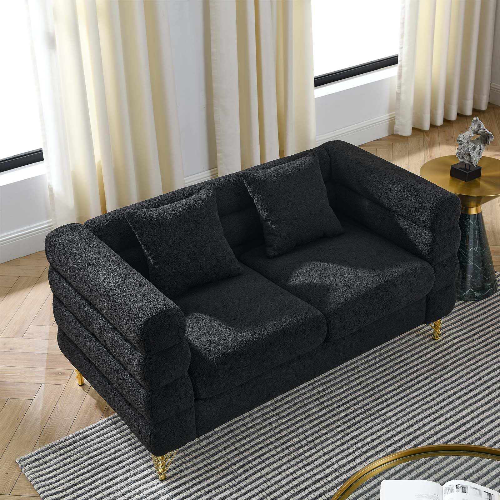 60-inch Couches for Living Room, Modern Teddy Fabric Upholstered Loveseat Sofa Couch with Square Arm and 4 Golden Metal Legs for Living Room, Office, Apartment, Black